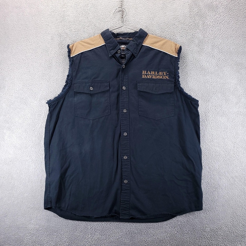 Harley Davidson Shirt Mens XL Blue Tan Sleeveless Button Front Biker Fringe